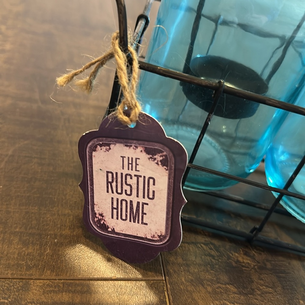 Blue Mason Jar Set with Metal Holder - Picture 3 of 3
